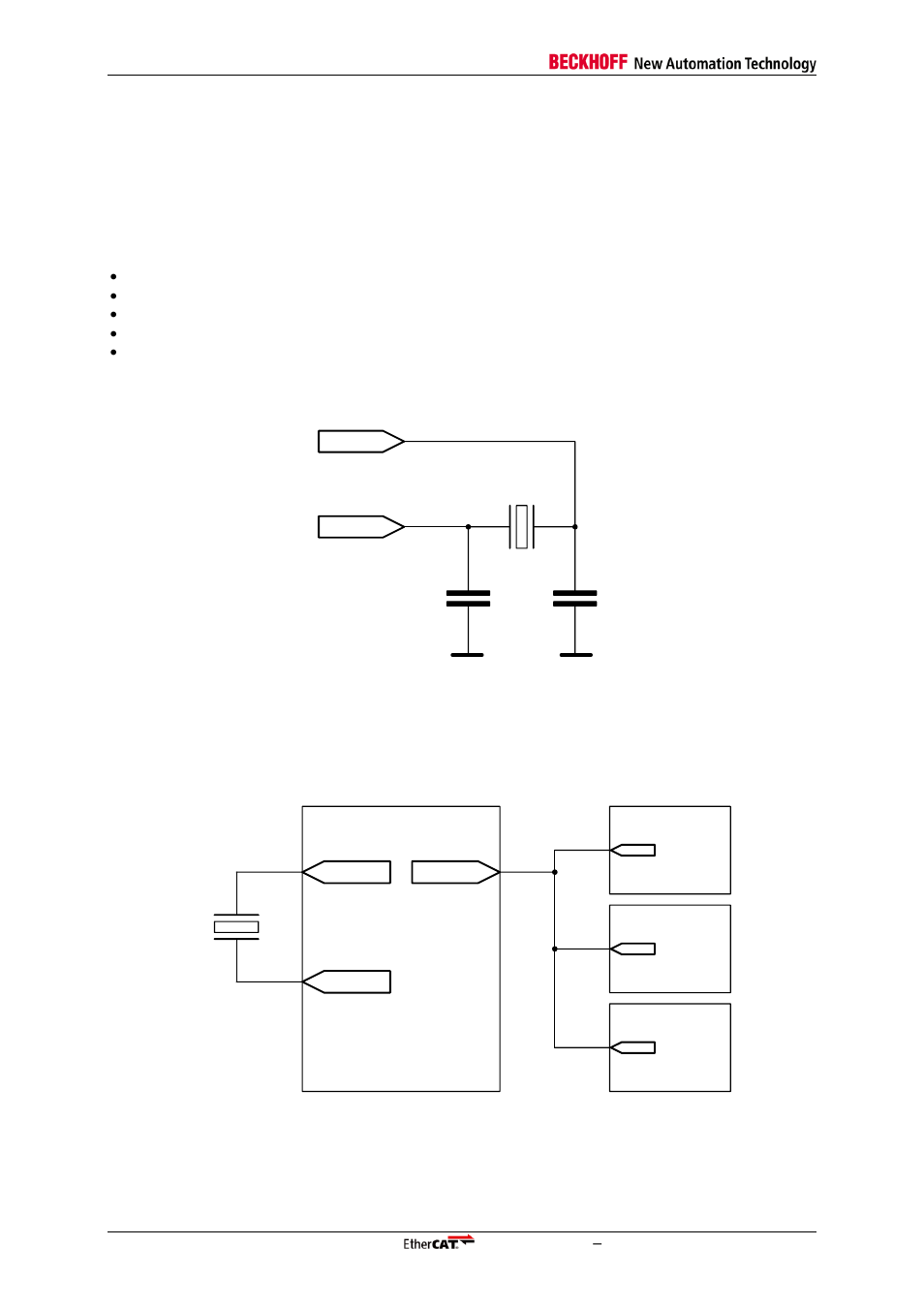 9 example schematics, 1 clock source, Example schematics | Clock source, Figure 43: quartz crystal connection, 25 m h z, Et1100, Ethernet phy ethernet phy ethernet phy | BECKHOFF ET1100 User Manual | Page 102 / 119