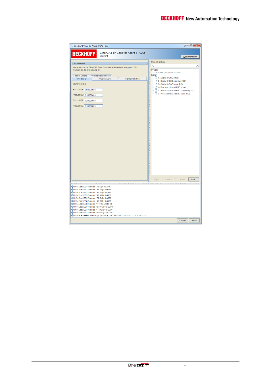 5 ip core configuration, Ip core configuration, Figure 7: ethercat ip core configuration interface | BECKHOFF EtherCAT IP Core for Altera FPGAs v3.0.10 User Manual | Page 44 / 141