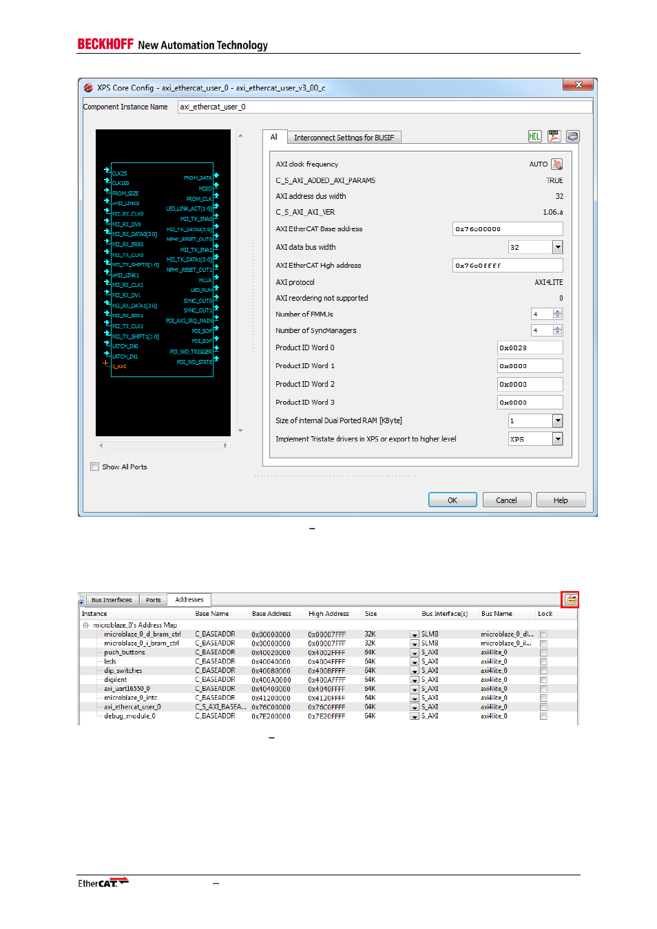 Figure 9: edk, Configuration dialog, Figure 10: edk | System assembly view, addresses tab | BECKHOFF EtherCAT IP Core for Xilinx FPGAs v3.00k User Manual | Page 43 / 144