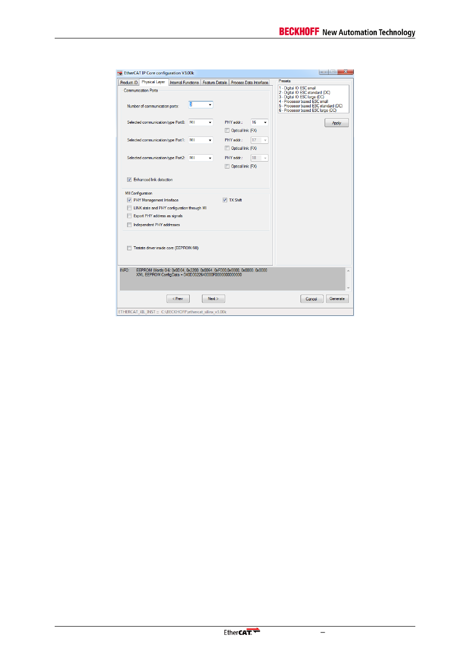 2 physical layer tab, Physical layer tab, Figure 14: physical layer tab | BECKHOFF EtherCAT IP Core for Xilinx FPGAs v3.00k User Manual | Page 48 / 144