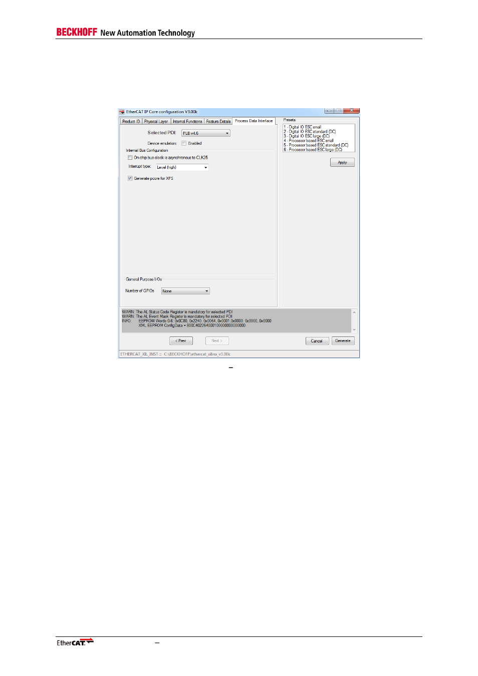 5 processor local bus (plb) configuration, Figure 22: register pdi, Plb interface configuration | BECKHOFF EtherCAT IP Core for Xilinx FPGAs v3.00k User Manual | Page 59 / 144
