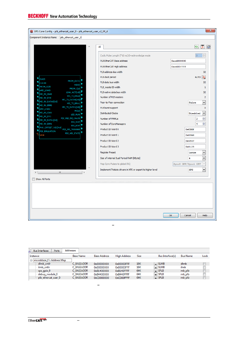 Figure 9: edk, Configuration dialog, Figure 10: edk | System assembly view, addresses tab | BECKHOFF EtherCAT IP Core for Xilinx FPGAs v2.04e User Manual | Page 41 / 126