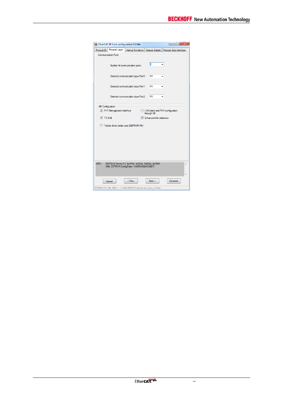 2 physical layer tab, Physical layer tab, Figure 14: physical layer tab | BECKHOFF EtherCAT IP Core for Xilinx FPGAs v2.04e User Manual | Page 46 / 126