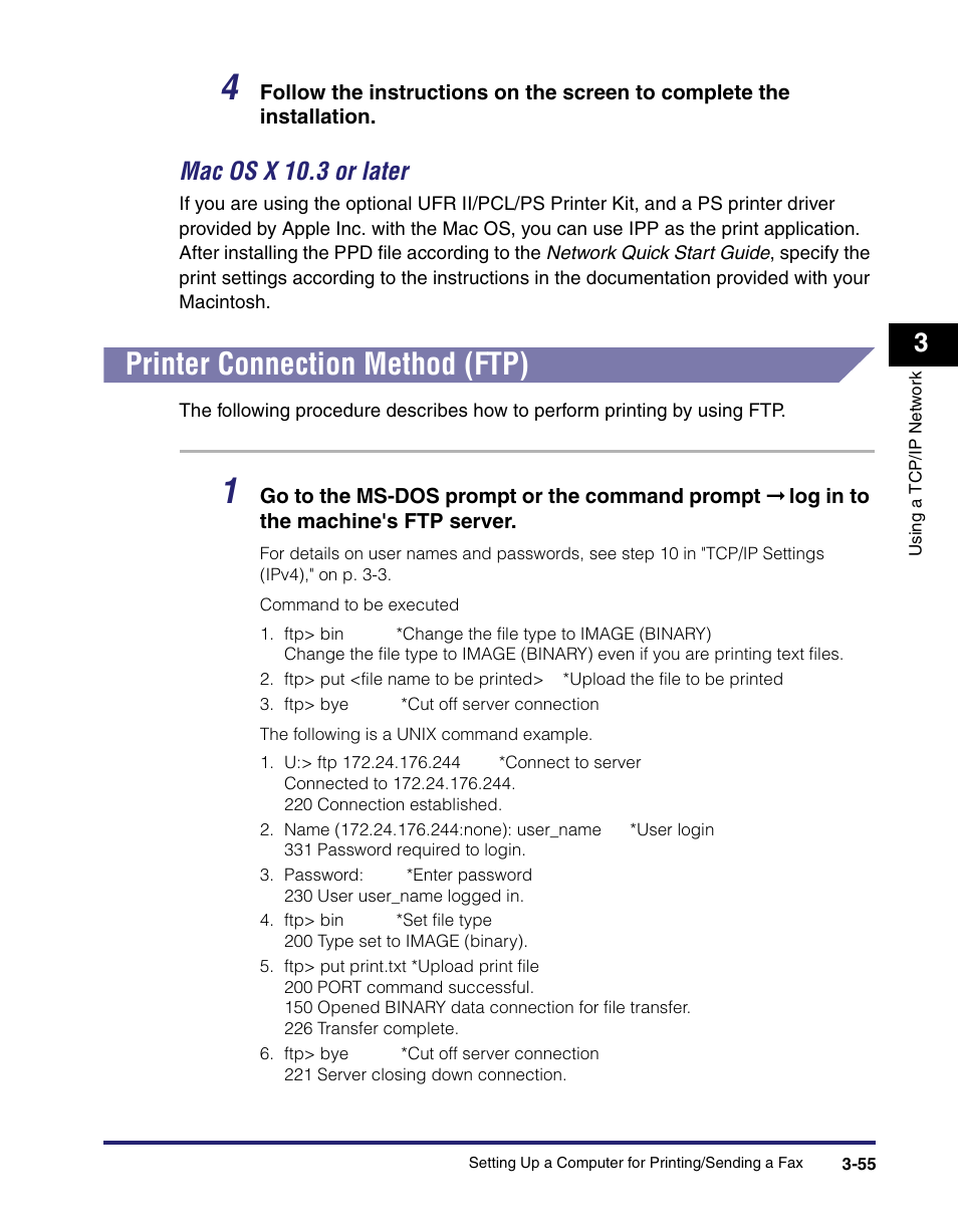 Printer connection method (ftp), Mac os x 10.3 or later -55, Printer connection method (ftp) -55 | See "printer connection method (ftp)," on p. 3-55, Mac os x 10.3 or later | Canon IMAGE RUNNER 5065 User Manual | Page 101 / 240