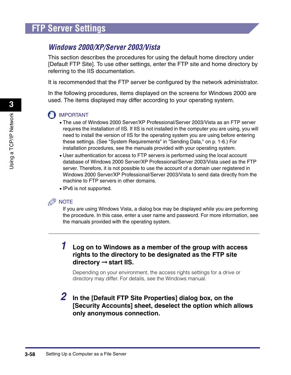 Ftp server settings, Ftp server settings -58, Windows 2000/xp/server 2003/vista -58 | Canon IMAGE RUNNER 5065 User Manual | Page 104 / 240