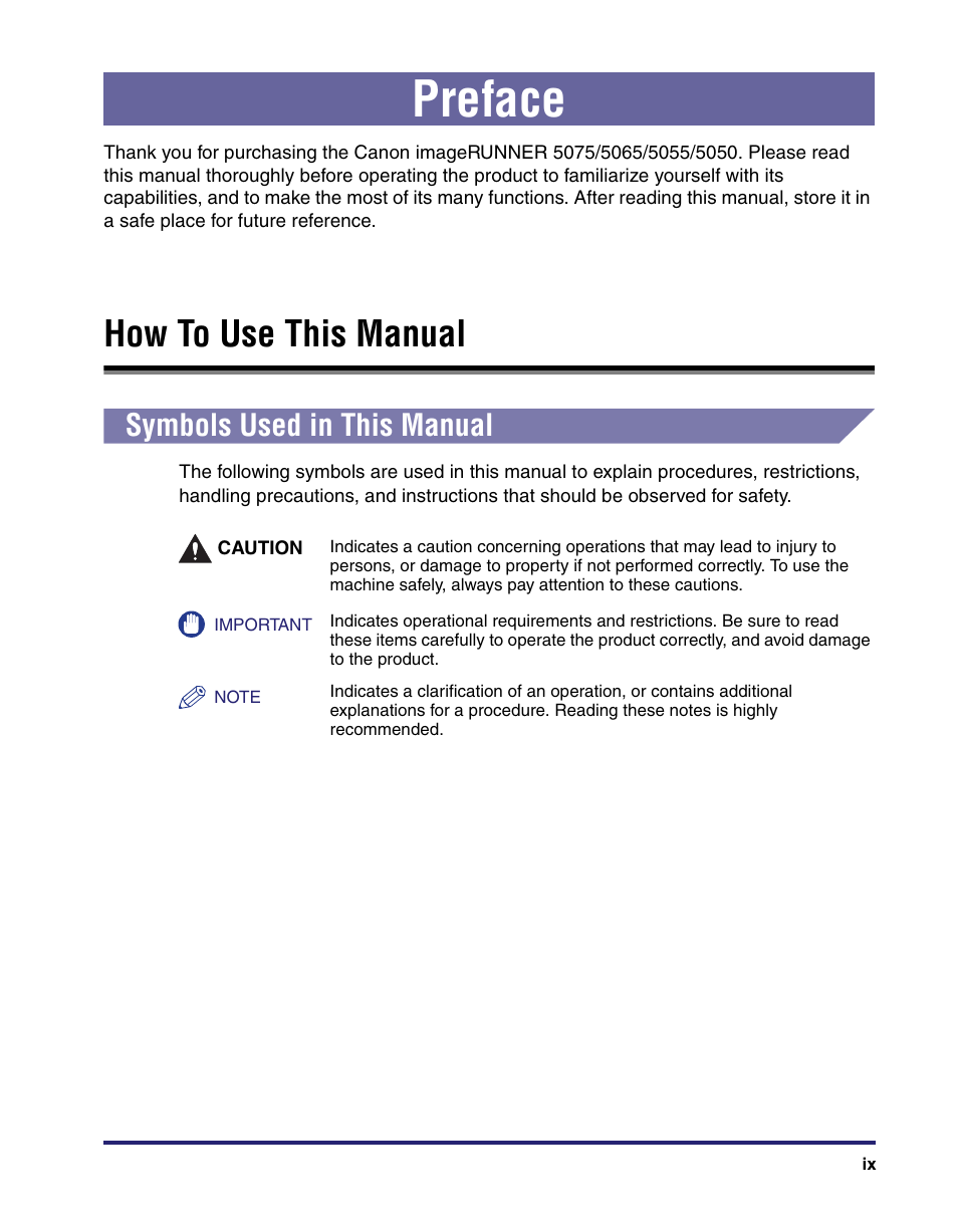 Preface, How to use this manual, Symbols used in this manual | Canon IMAGE RUNNER 5065 User Manual | Page 11 / 240