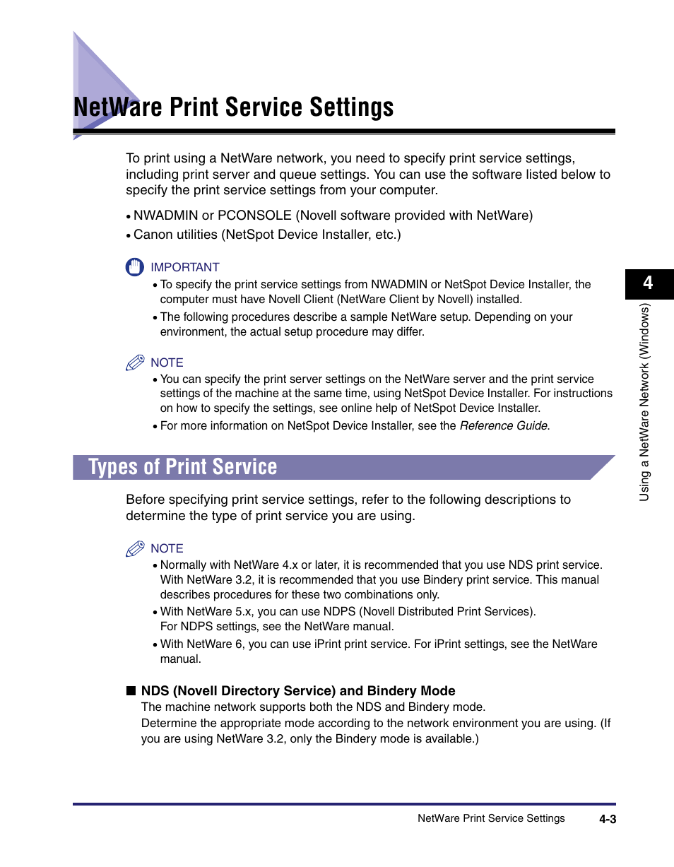 Netware print service settings, Types of print service, Netware print service settings -3 | Types of print service -3, See "netware print service settings, P. 4-3.) | Canon IMAGE RUNNER 5065 User Manual | Page 121 / 240