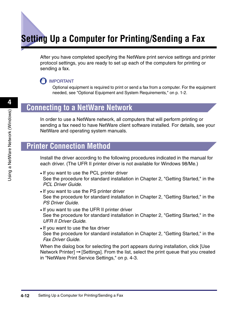 Setting up a computer for printing/sending a fax, Connecting to a netware network, Printer connection method | Connecting to a netware network -12, Printer connection method -12 | Canon IMAGE RUNNER 5065 User Manual | Page 130 / 240
