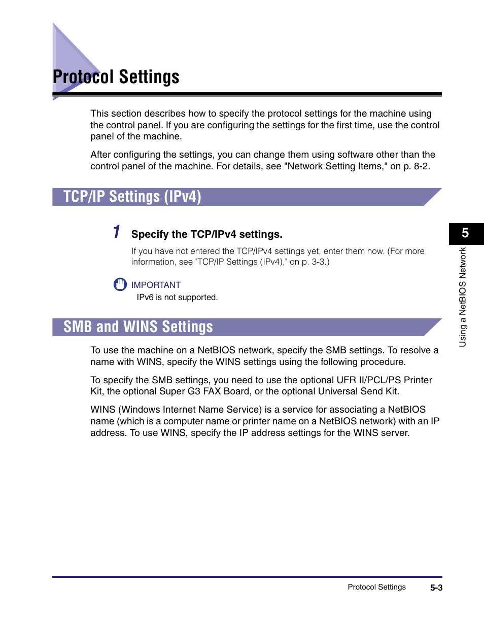 Protocol settings, Tcp/ip settings (ipv4), Smb and wins settings | Protocol settings -3, Tcp/ip settings (ipv4) -3, Smb and wins settings -3, Ol settings (see "protocol settings," on p. 5-3.) | Canon IMAGE RUNNER 5065 User Manual | Page 137 / 240