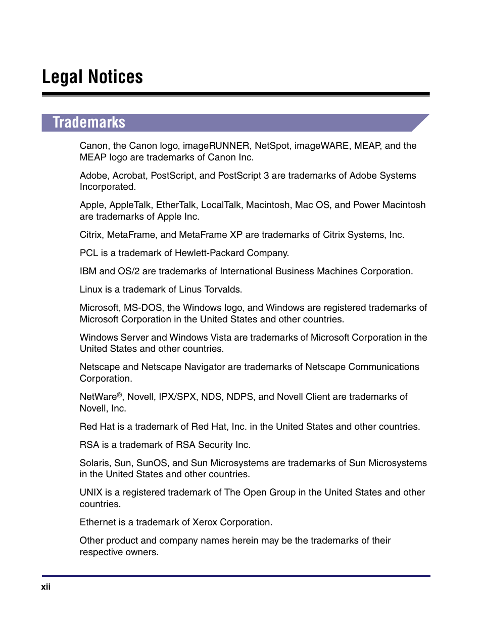 Legal notices, Trademarks | Canon IMAGE RUNNER 5065 User Manual | Page 14 / 240