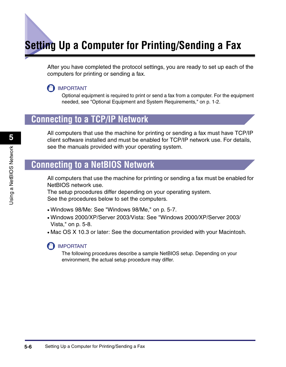 Setting up a computer for printing/sending a fax, Connecting to a tcp/ip network, Connecting to a netbios network | Connecting to a tcp/ip network -6, Connecting to a netbios network -6 | Canon IMAGE RUNNER 5065 User Manual | Page 140 / 240