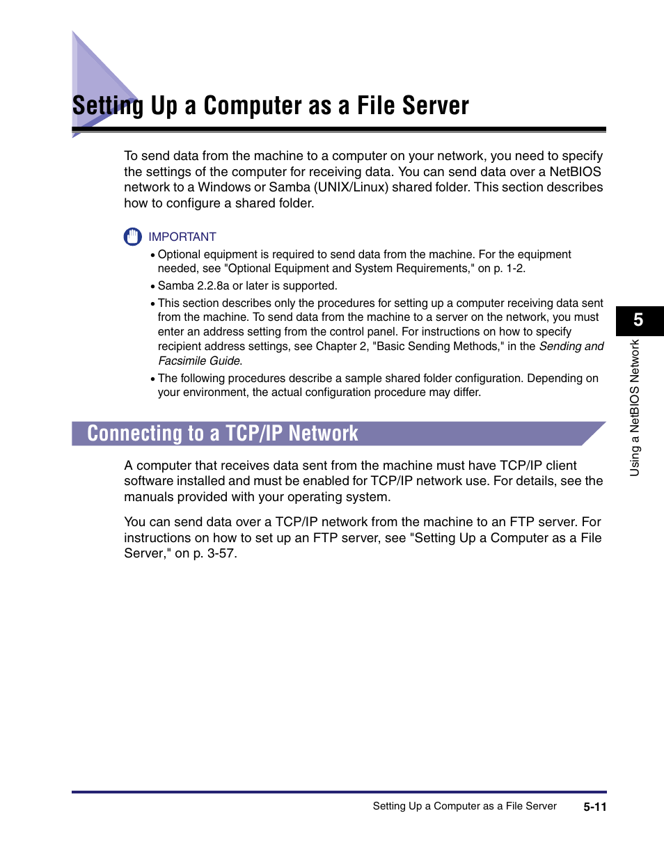 Setting up a computer as a file server, Connecting to a tcp/ip network, Setting up a computer as a file server -11 | Connecting to a tcp/ip network -11 | Canon IMAGE RUNNER 5065 User Manual | Page 145 / 240