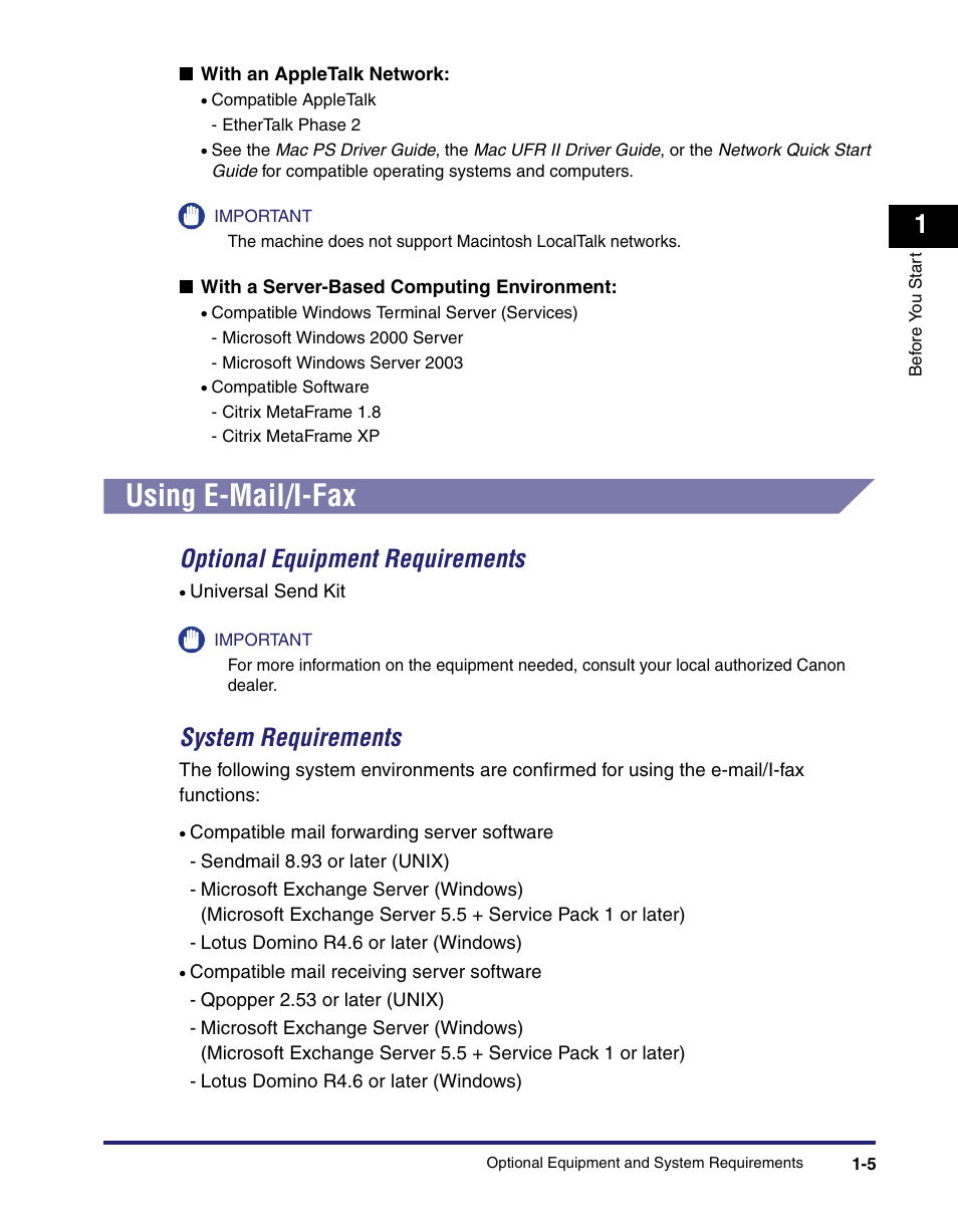 Using e-mail/i-fax, Using e-mail/i-fax -5, Optional equipment requirements -5 | System requirements -5, Optional equipment requirements, System requirements | Canon IMAGE RUNNER 5065 User Manual | Page 21 / 240