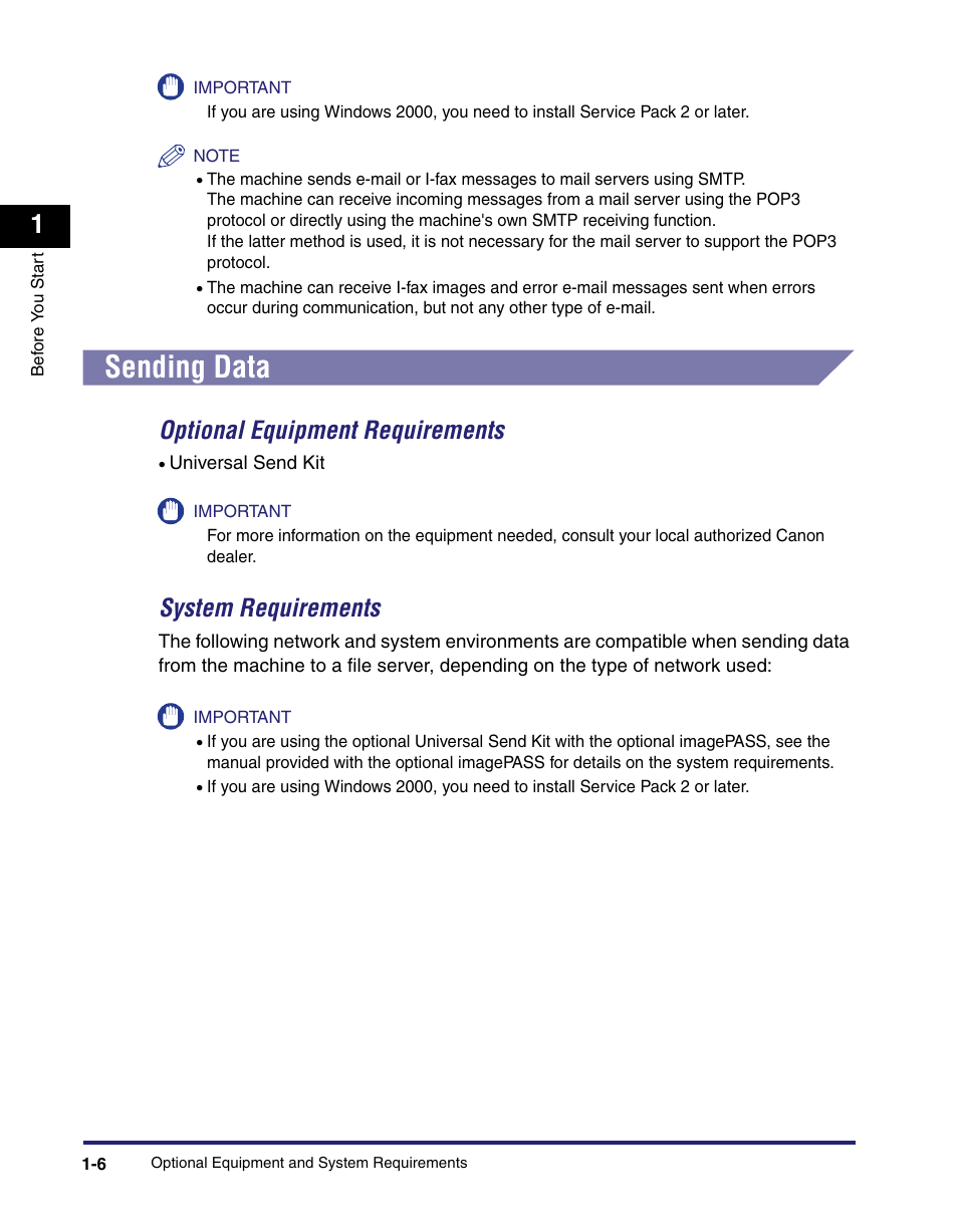 Sending data, Sending data -6, Optional equipment requirements -6 | System requirements -6, Optional equipment requirements, System requirements | Canon IMAGE RUNNER 5065 User Manual | Page 22 / 240
