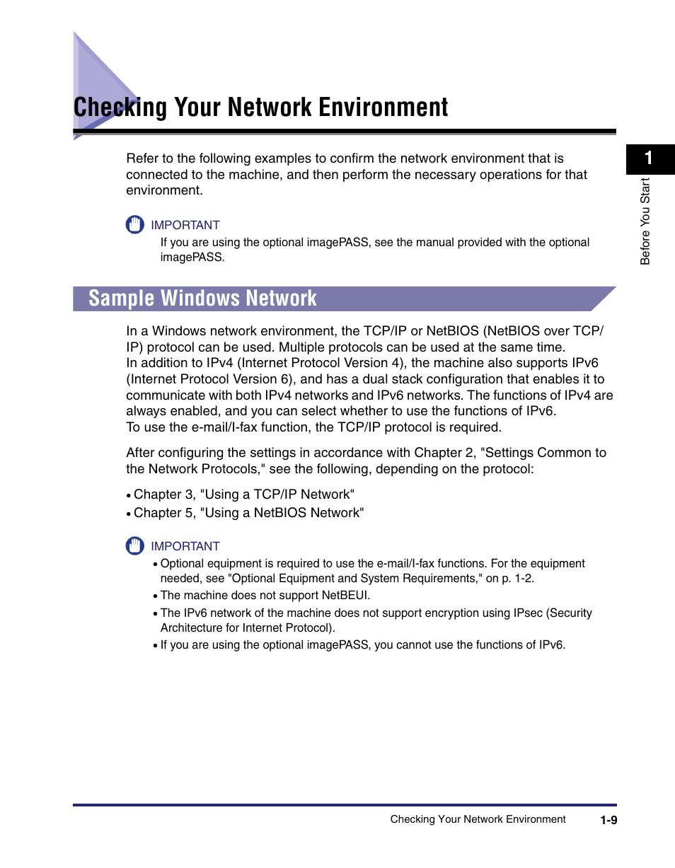 Checking your network environment, Sample windows network, Checking your network environment -9 | Sample windows network -9 | Canon IMAGE RUNNER 5065 User Manual | Page 25 / 240