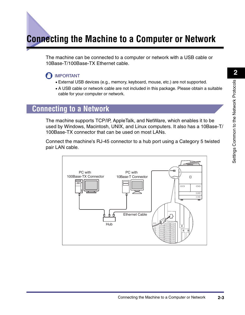 Connecting the machine to a computer or network, Connecting to a network, Connecting the machine to a computer or network -3 | Connecting to a network -3 | Canon IMAGE RUNNER 5065 User Manual | Page 31 / 240