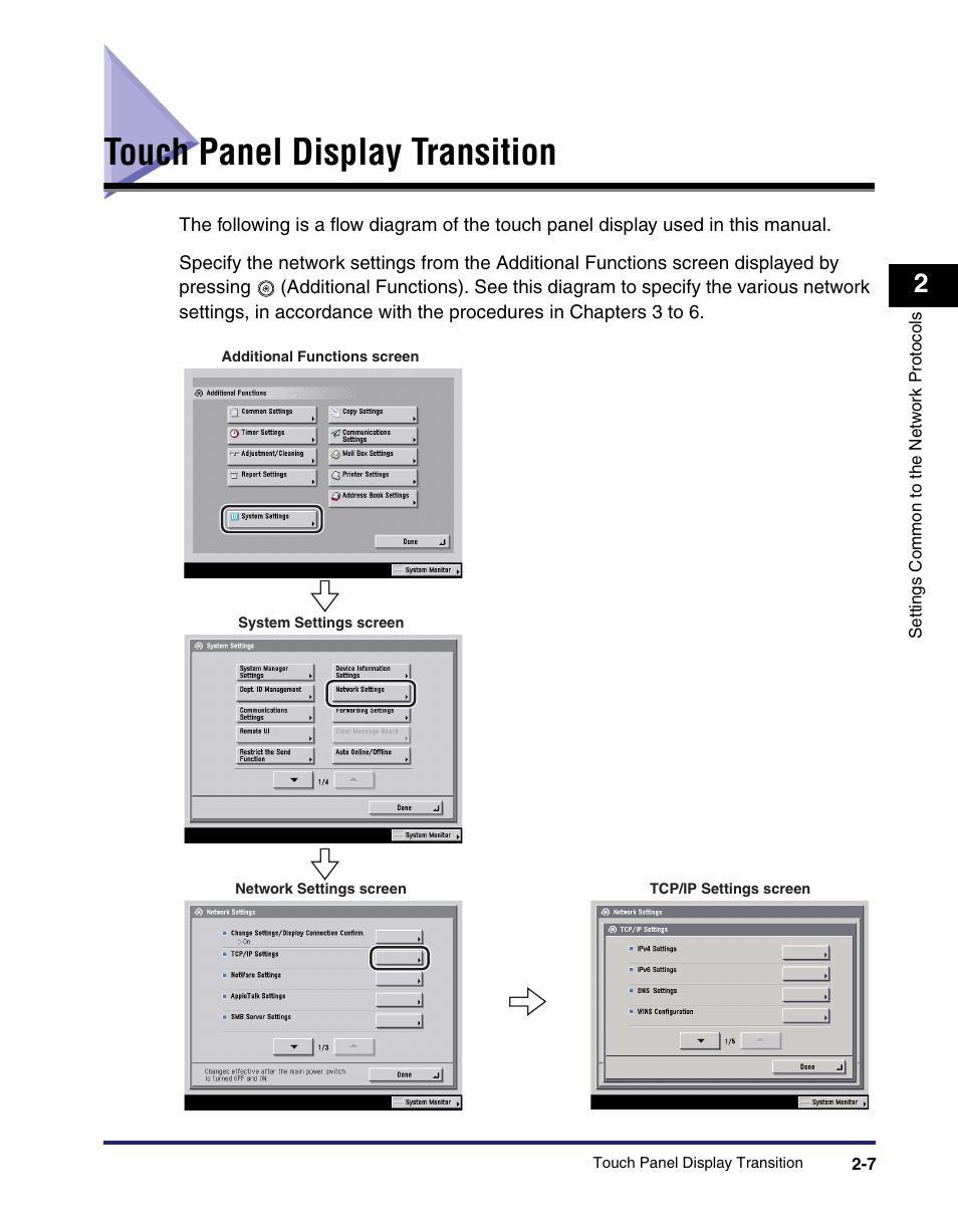 Touch panel display transition, Touch panel display transition -7 | Canon IMAGE RUNNER 5065 User Manual | Page 35 / 240
