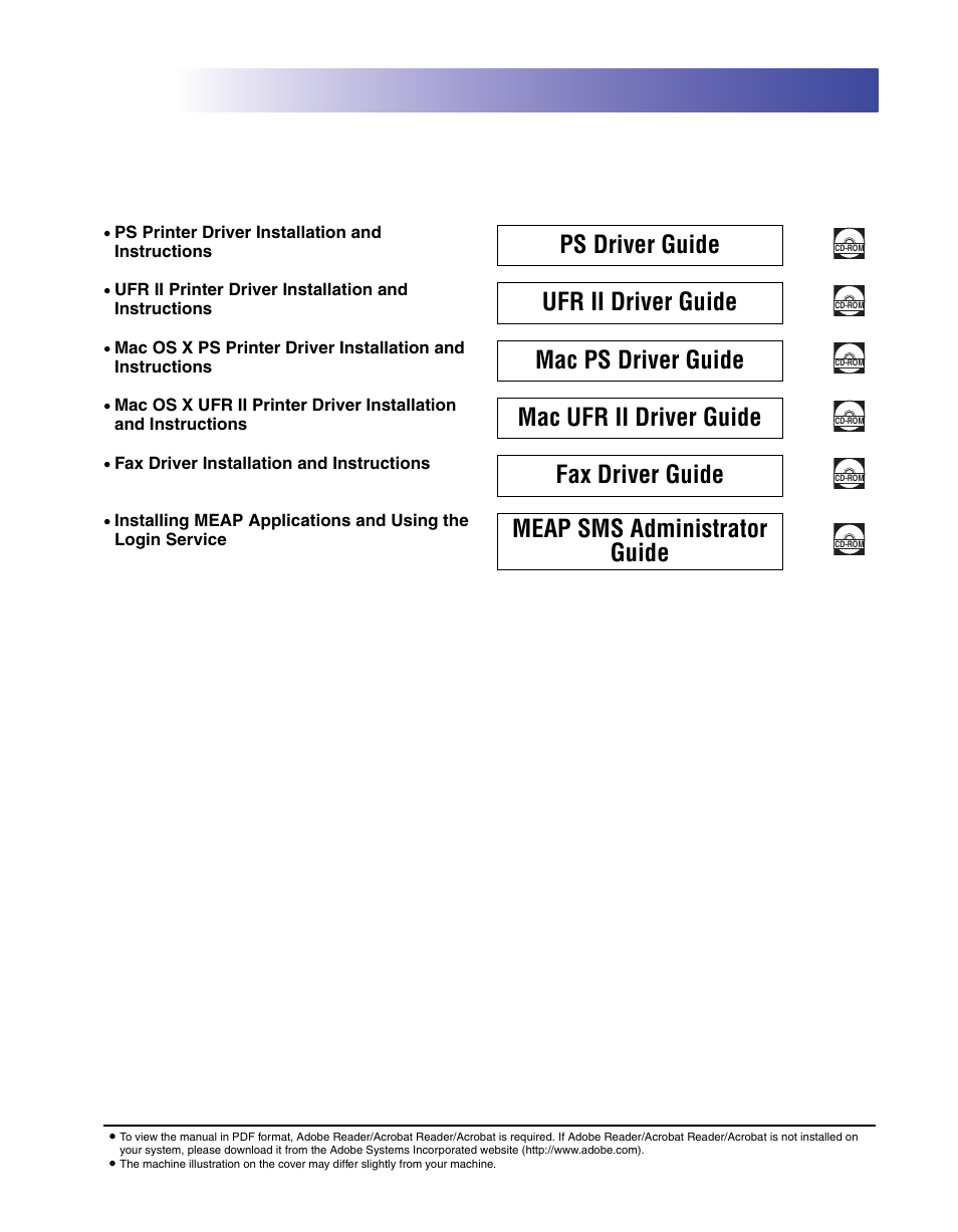 Ps driver guide, Ufr ii driver guide, Mac ps driver guide | Mac ufr ii driver guide, Fax driver guide, Meap sms administrator guide | Canon IMAGE RUNNER 5065 User Manual | Page 5 / 240
