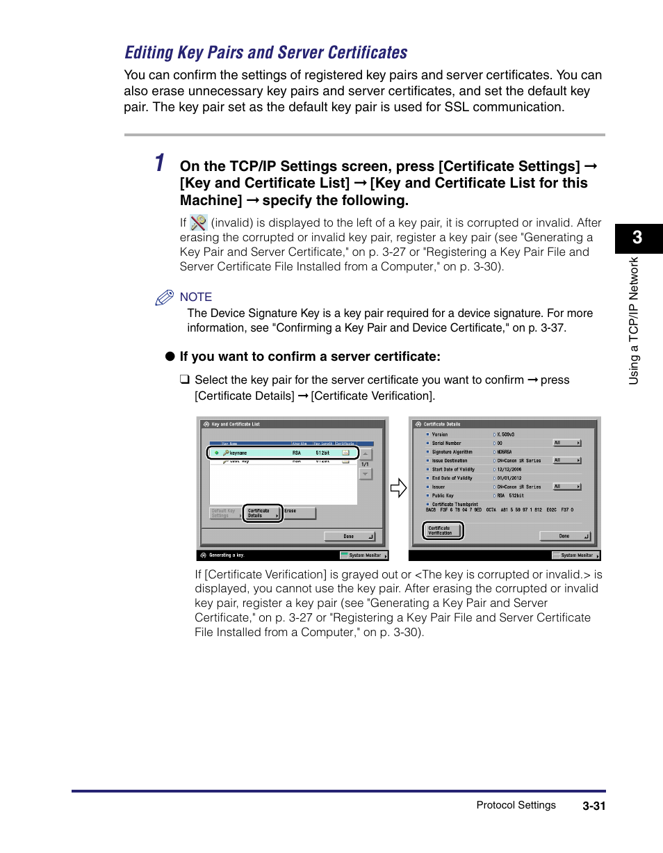 Editing key pairs and server certificates -31, Ee "editing key pairs and server certificates, E "editing key pairs and server certificates | Editing key pairs and server certificates | Canon IMAGE RUNNER 5065 User Manual | Page 77 / 240