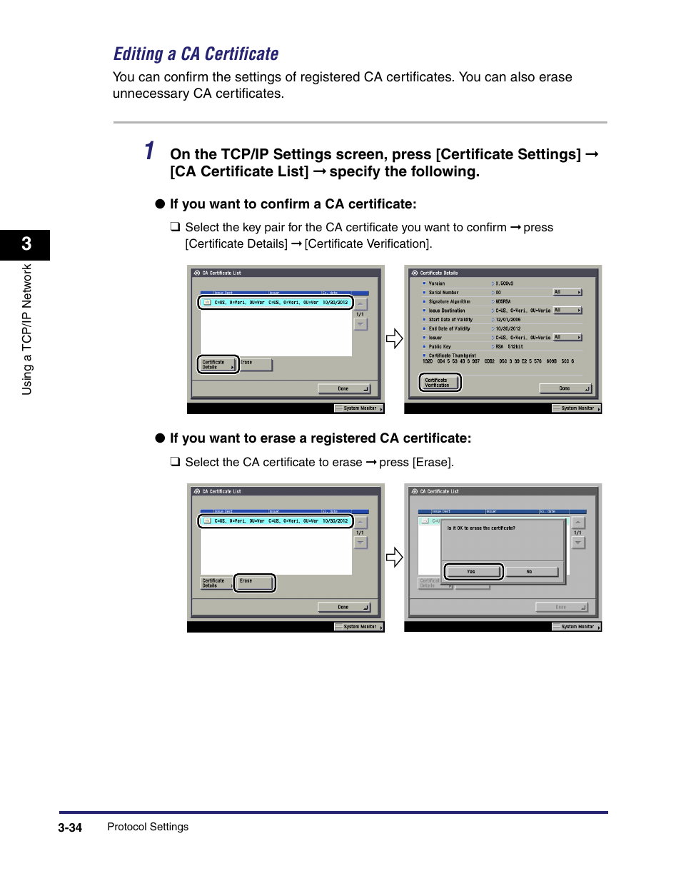 Editing a ca certificate -34, Ed, see "editing a ca certificate, P. 3-34 | Editing a ca certificate | Canon IMAGE RUNNER 5065 User Manual | Page 80 / 240