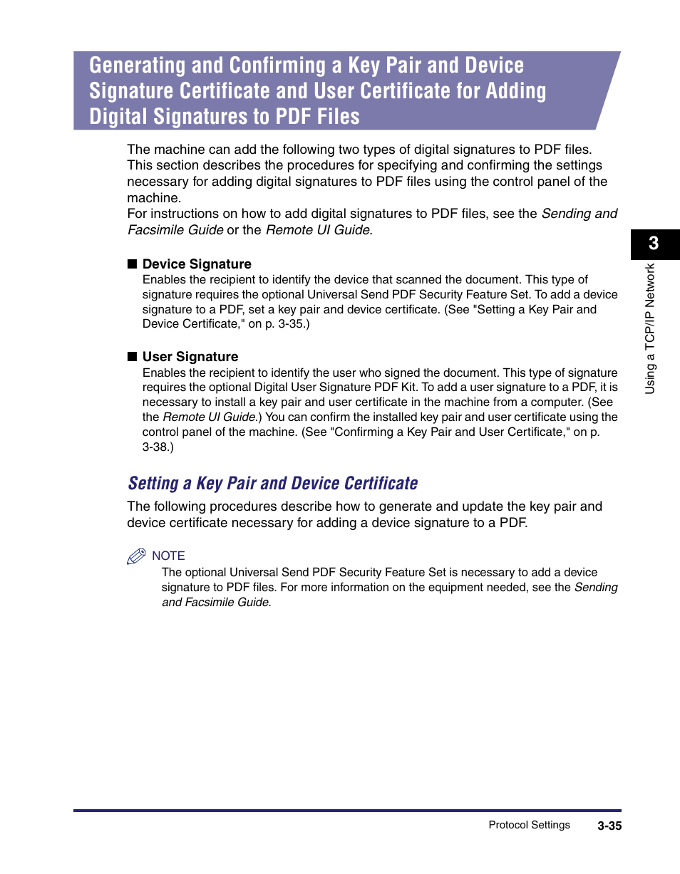 Setting a key pair and device certificate -35, Setting a key pair and device certificate | Canon IMAGE RUNNER 5065 User Manual | Page 81 / 240