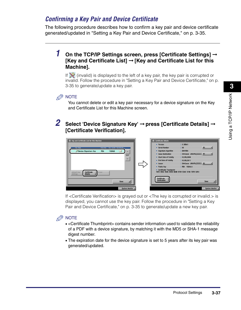 Confirming a key pair and device certificate -37, Confirming a key pair and device certificate | Canon IMAGE RUNNER 5065 User Manual | Page 83 / 240