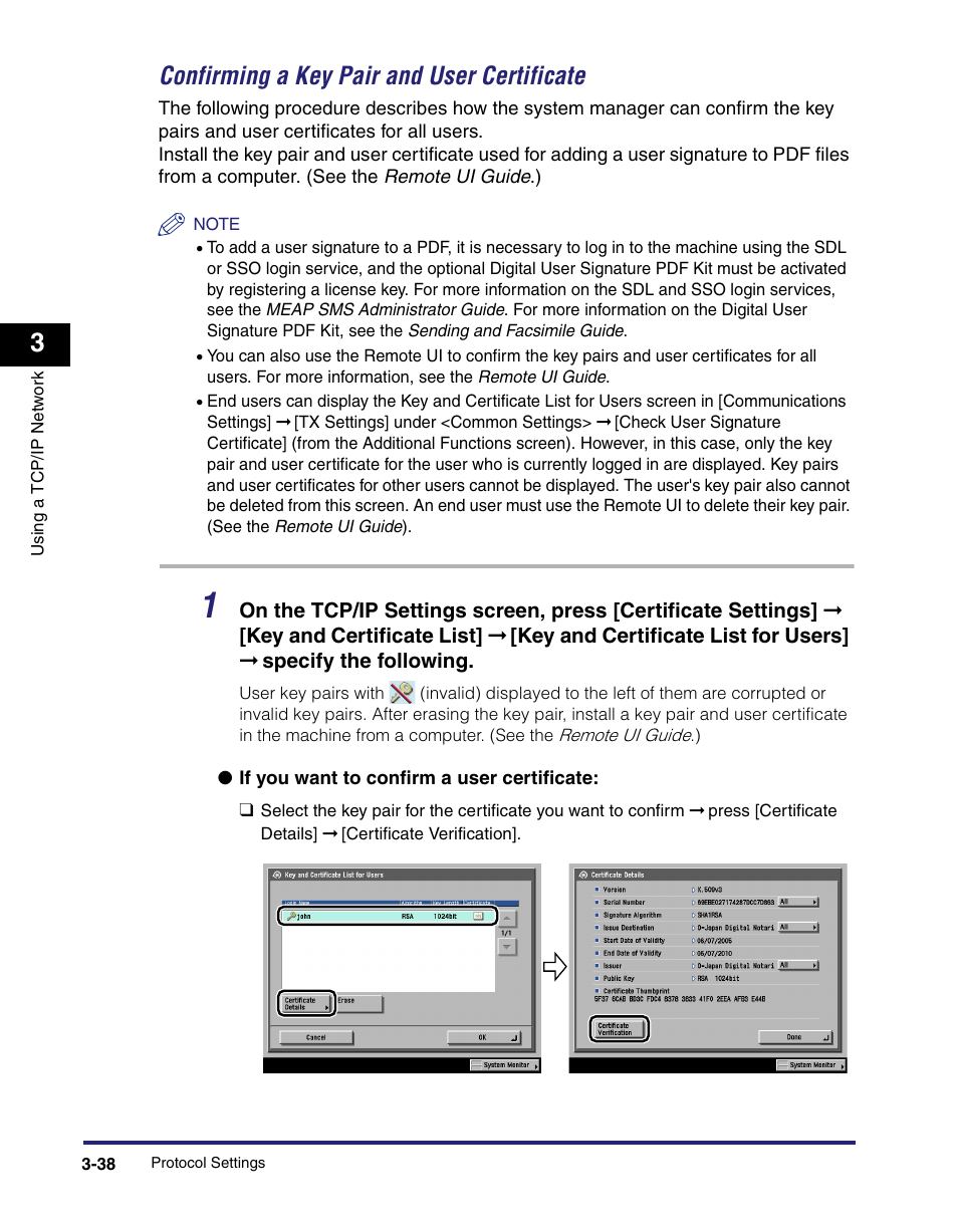 Confirming a key pair and user certificate -38, See "confirming a key pair and user certificate, Confirming a key pair and user certificate | Canon IMAGE RUNNER 5065 User Manual | Page 84 / 240