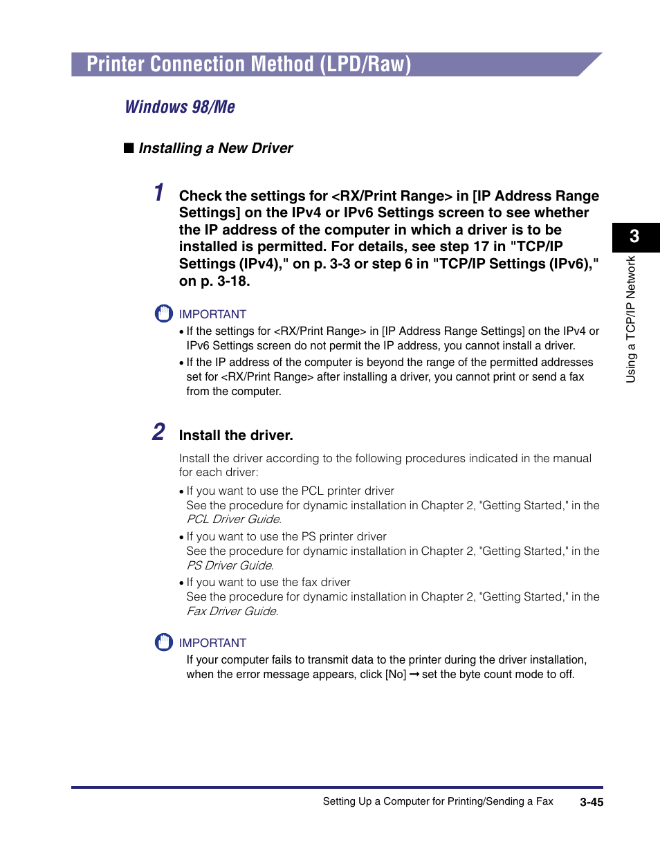 Printer connection method (lpd/raw), Printer connection method (lpd/raw) -45, Windows 98/me -45 | See "printer connection method (lpd/raw), Windows 98/me | Canon IMAGE RUNNER 5065 User Manual | Page 91 / 240