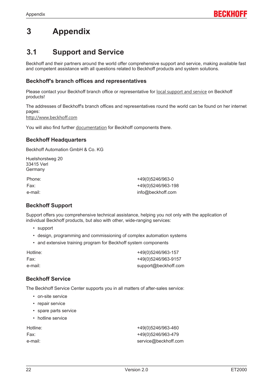 3 appendix, 1 support and service, 3appendix | BECKHOFF ET2000 User Manual | Page 22 / 23