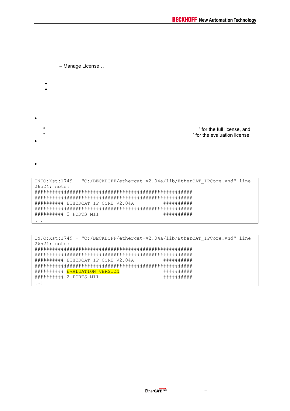 4 evaluation license identification, 1 installed license file, 2 installed ethercat ip core | Evaluation license identification, Installed license file, Installed ethercat ip core | BECKHOFF ET1100 User Manual | Page 36 / 52