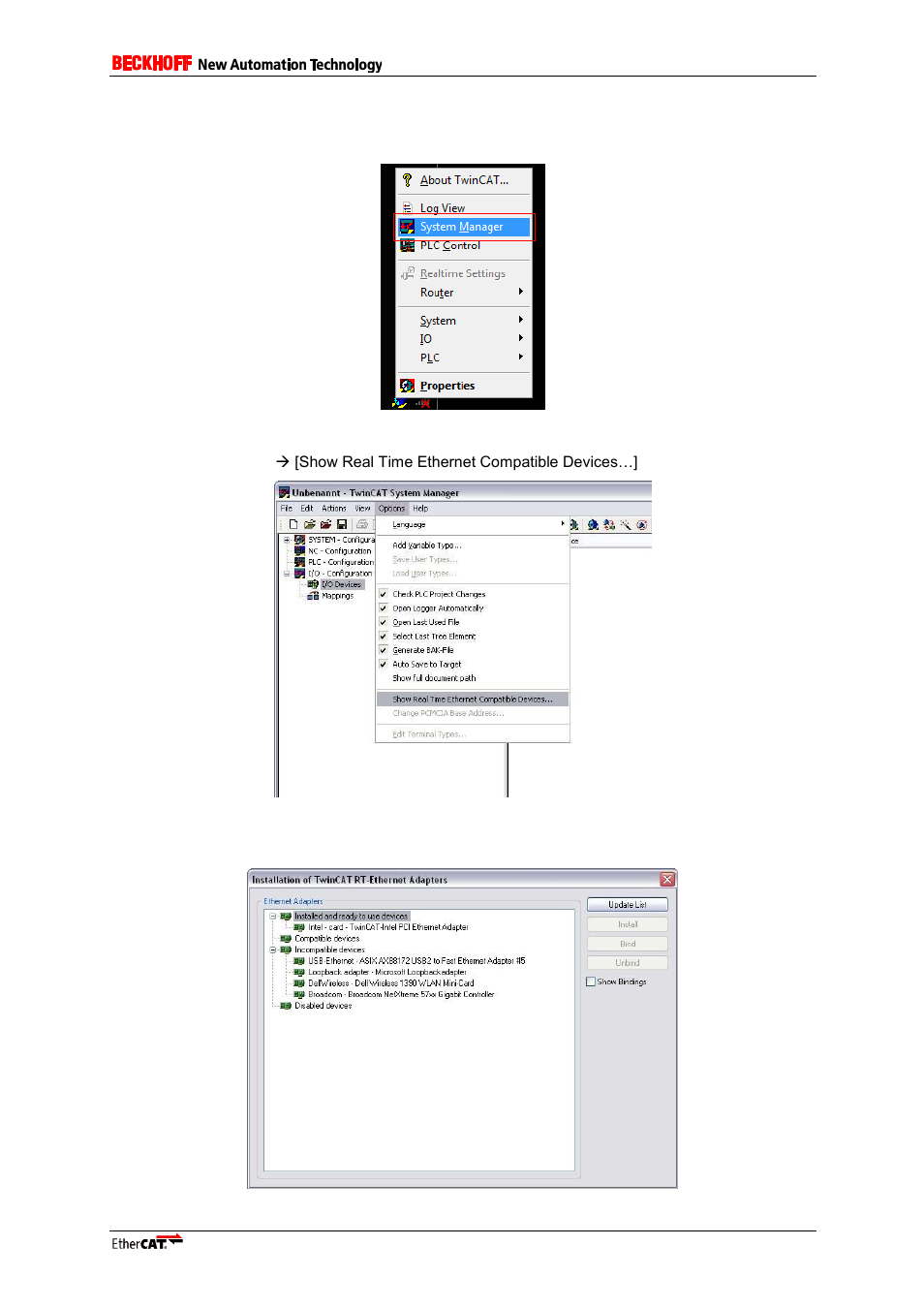 2 install the ethernet real-time driver, Install the ethernet real-time driver, Figure 4: start twincat system manager | Figure 5: real time driver, Figure 6: real time driver installation menu | BECKHOFF EL9800 User Manual | Page 11 / 36