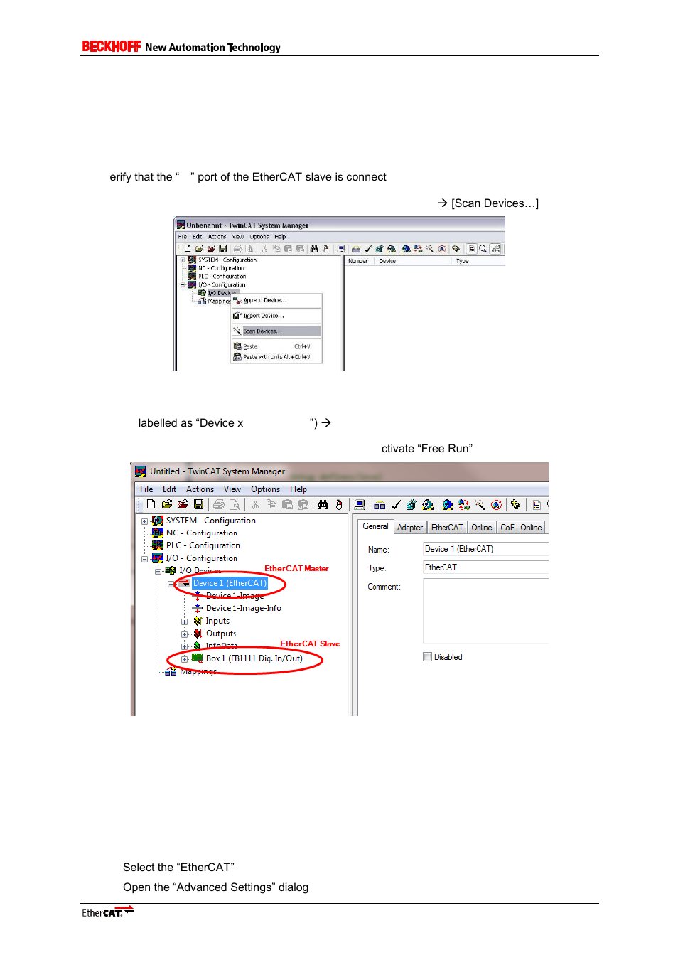 3 additional basics, 1 setup an ethercat network, 2 eeprom programming | Additional basics, Setup an ethercat network, Eeprom programming, Figure 7: perform device scan, Figure 8: successful device scan | BECKHOFF EL9800 User Manual | Page 13 / 36