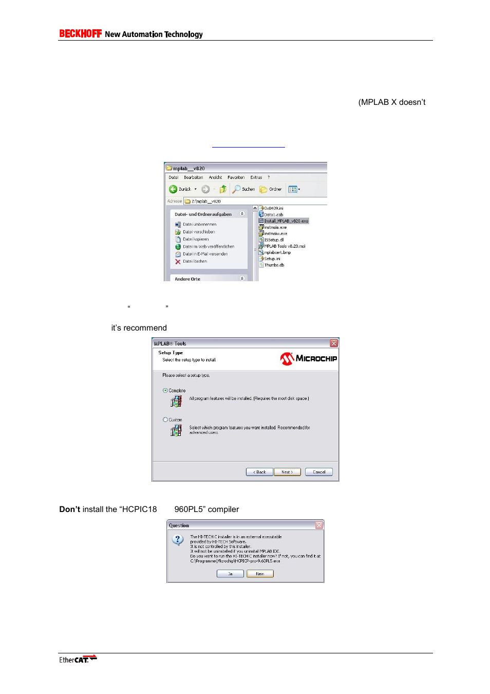 5 slave stack code ide software, 1 mplab ide 8, Slave stack code ide software | Mplab ide 8, Figure 20: execute installation file, Figure 21: select setup type, Figure 22: compiler installation, Er 5.1), Ter 5.1) | BECKHOFF EL9800 User Manual | Page 21 / 36