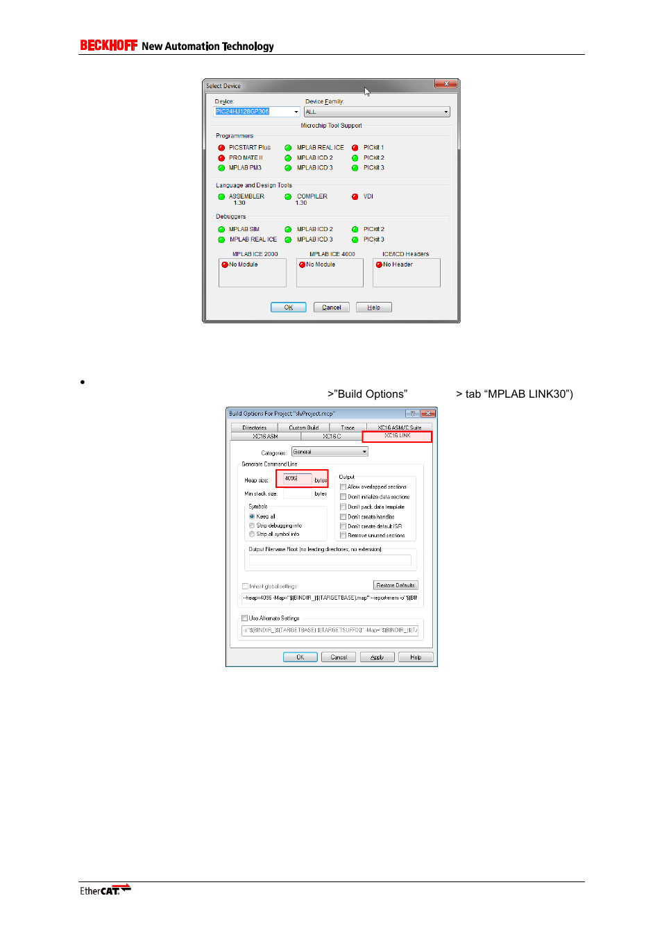 1 compiler/pic specific settings, Compiler/pic specific settings, Figure 34: selection of the controller | BECKHOFF EL9800 User Manual | Page 27 / 36