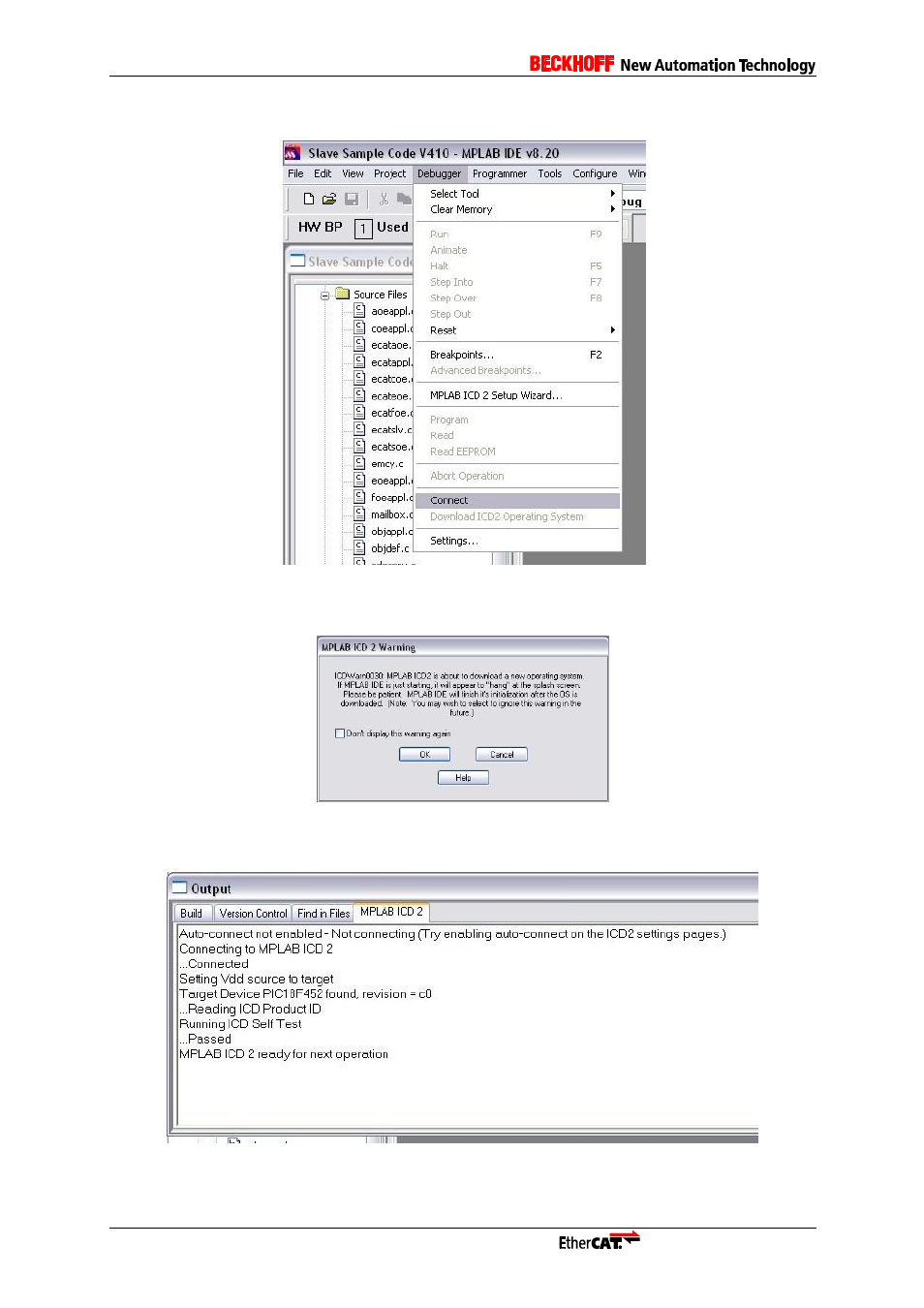 Figure 46: connect to debugger, Figure 47: download warning, Figure 48: output window: connection successful | BECKHOFF EL9800 User Manual | Page 32 / 36