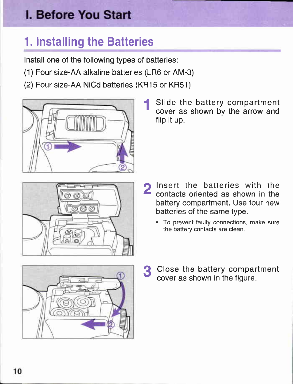 I. before you start 1. installing the batteries | Canon 380EX User Manual | Page 10 / 48