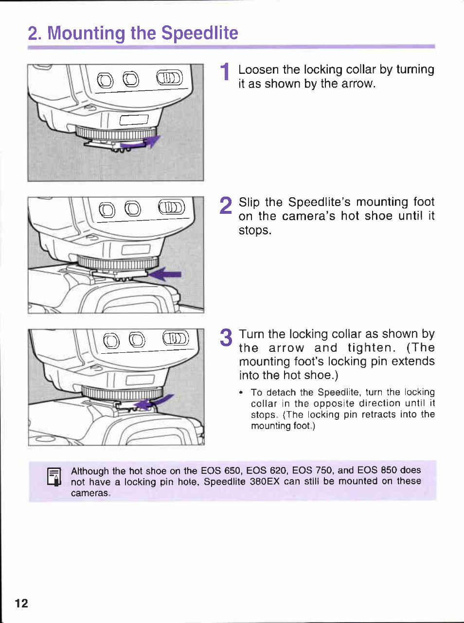 Mounting the speedlite | Canon 380EX User Manual | Page 12 / 48
