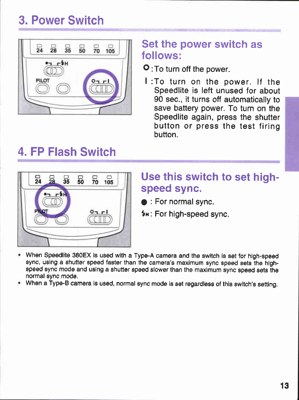 Power switch 4. fp flash switch, Set the power switch as follows, Use this switch to set high­ speed sync | Canon 380EX User Manual | Page 13 / 48