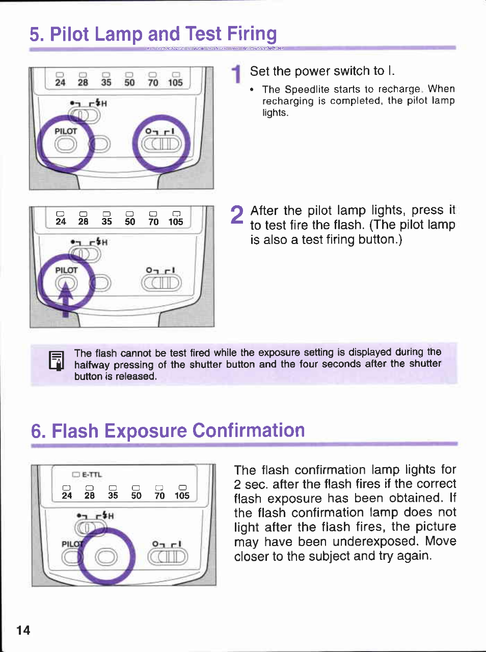 Pilot lamp and test firing, Flash exposure confirmation | Canon 380EX User Manual | Page 14 / 48