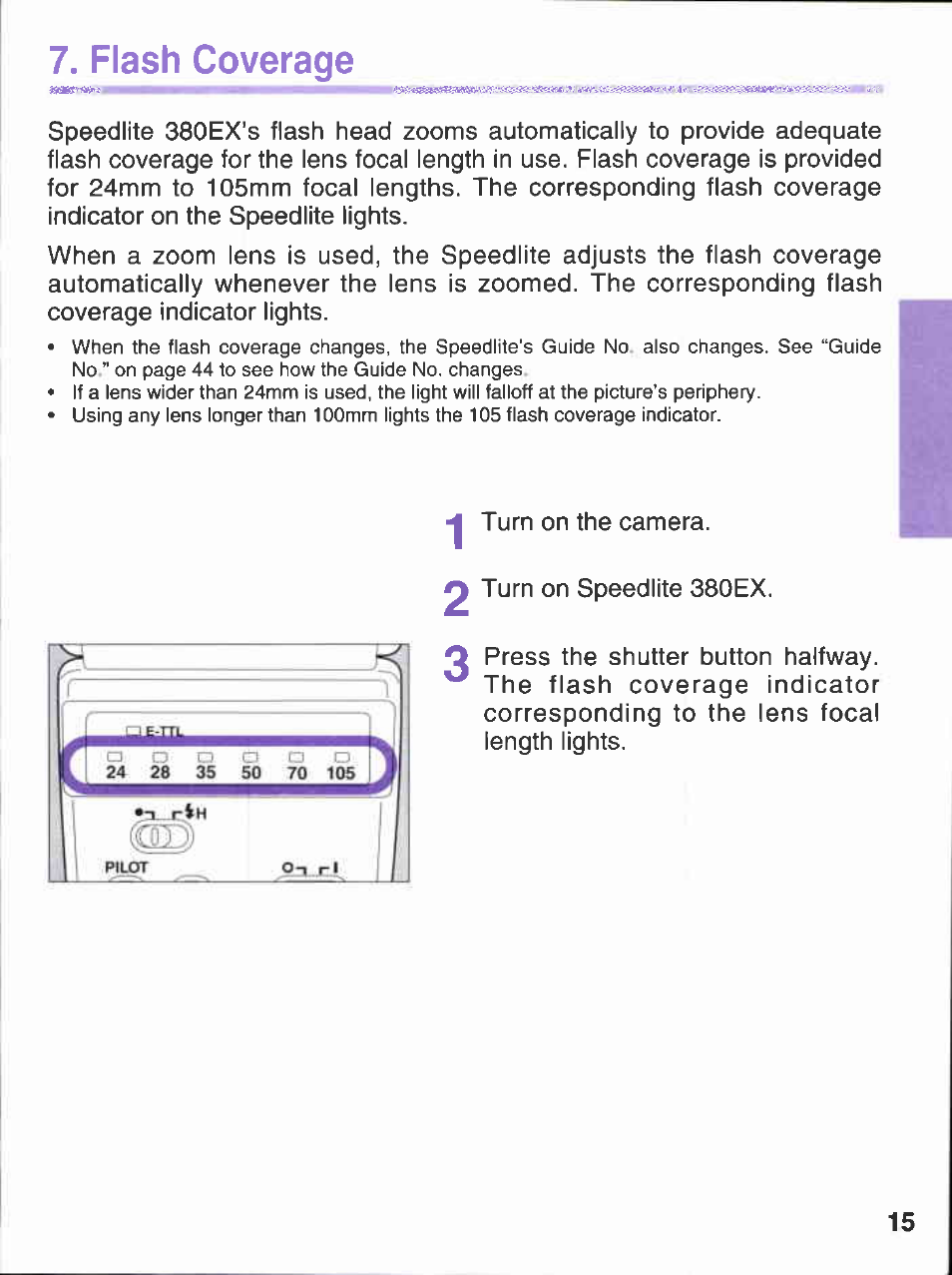 Flash coverage | Canon 380EX User Manual | Page 15 / 48