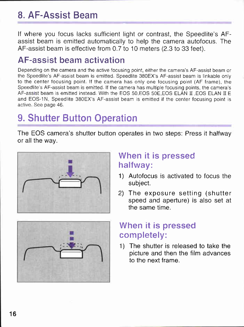 Af-assist beam activation, When it is pressed halfway, When it is pressed completely | Af-assist beam, Shutter button operation | Canon 380EX User Manual | Page 16 / 48