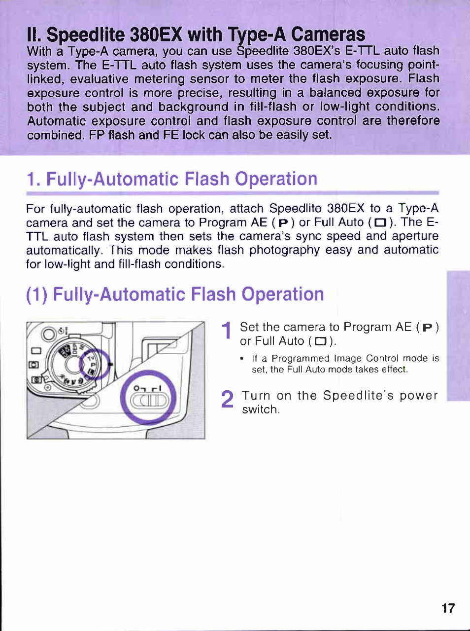 Ii. speedlite 380ex with type-a cameras, Fully-automatic flash operation, 1) fully-automatic flash operation | Canon 380EX User Manual | Page 17 / 48