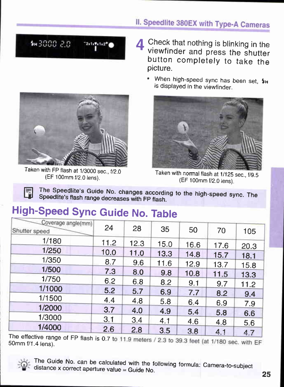 High-speed sync guide no. table | Canon 380EX User Manual | Page 25 / 48