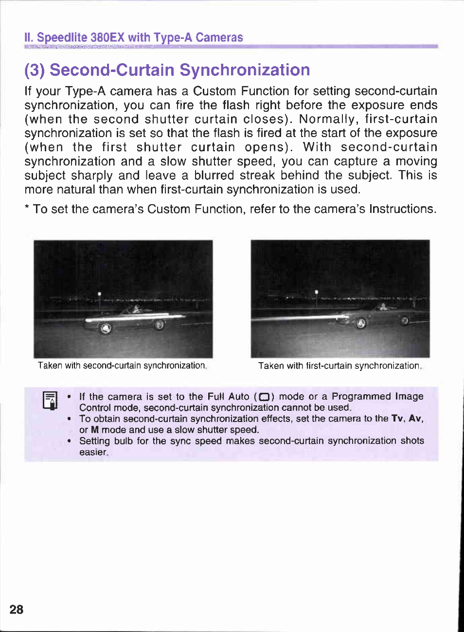 3) second-curtain synchronization | Canon 380EX User Manual | Page 28 / 48