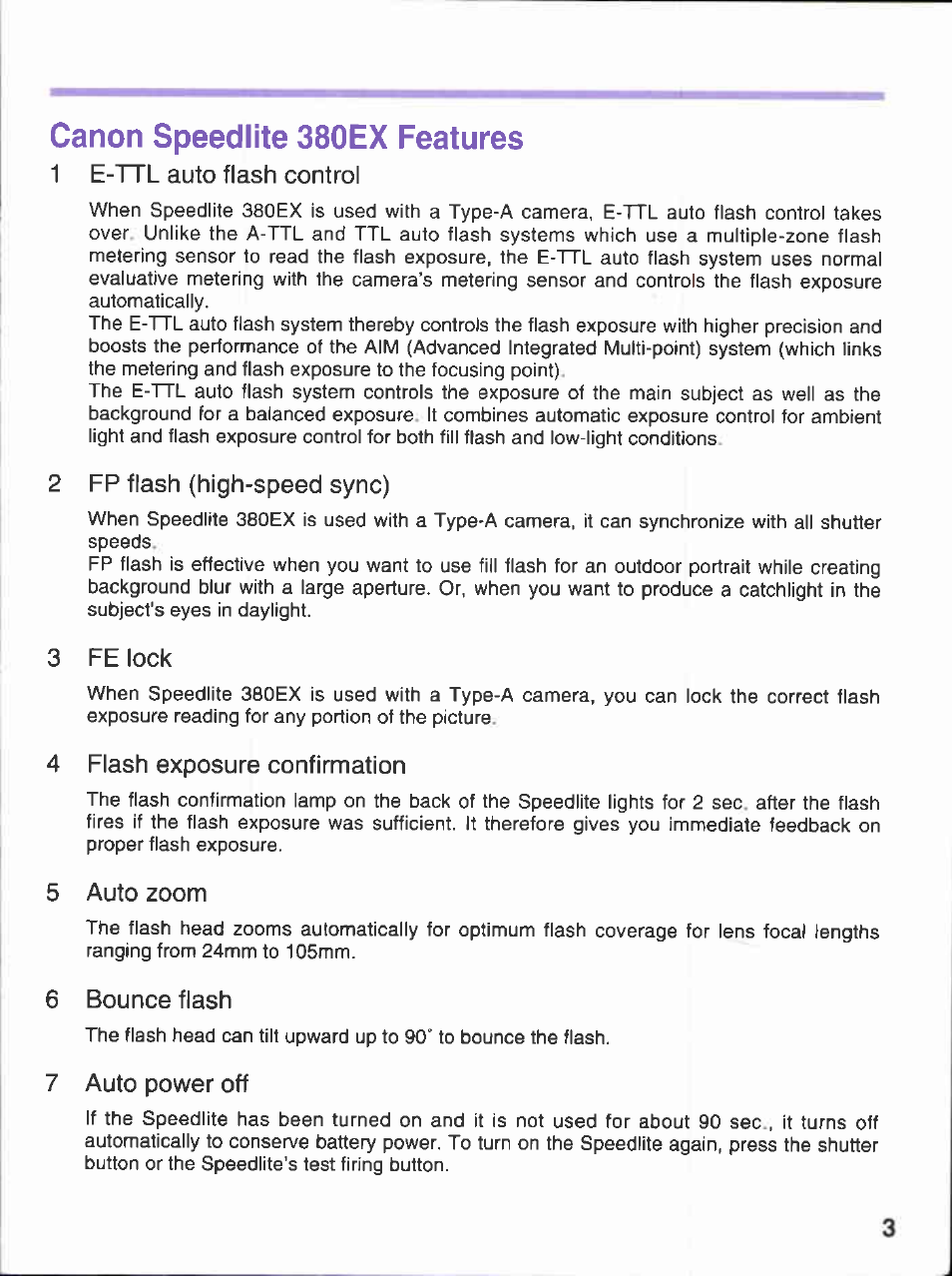 Canon speedlite 380ex features | Canon 380EX User Manual | Page 3 / 48