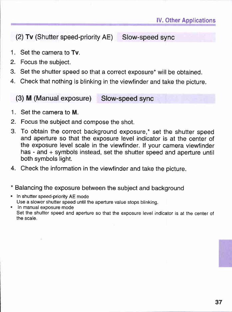 2) tv (shutter speed-priority ae) slow-speed sync, 3) m (manual exposure) slow-speed sync | Canon 380EX User Manual | Page 37 / 48