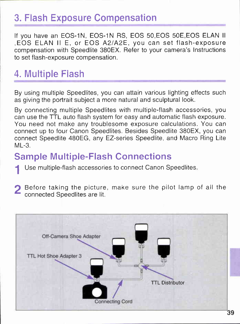 Flash exposure compensation, Multiple flash, Sample multiple-flash connections | Canon 380EX User Manual | Page 39 / 48