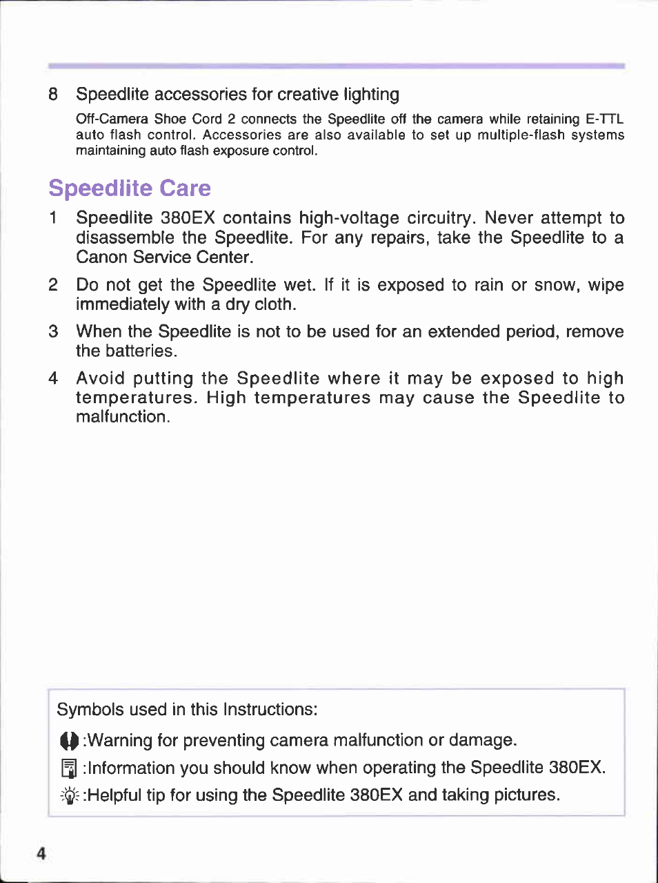 Speedlite care | Canon 380EX User Manual | Page 4 / 48