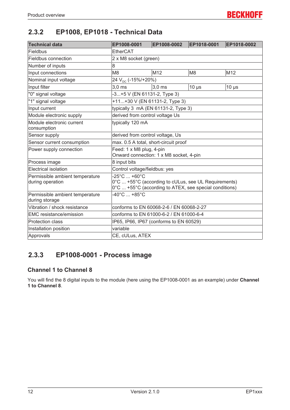 2 ep1008, ep1018 - technical data, 3 ep1008-0001 - process image | BECKHOFF EP1xxx User Manual | Page 12 / 69