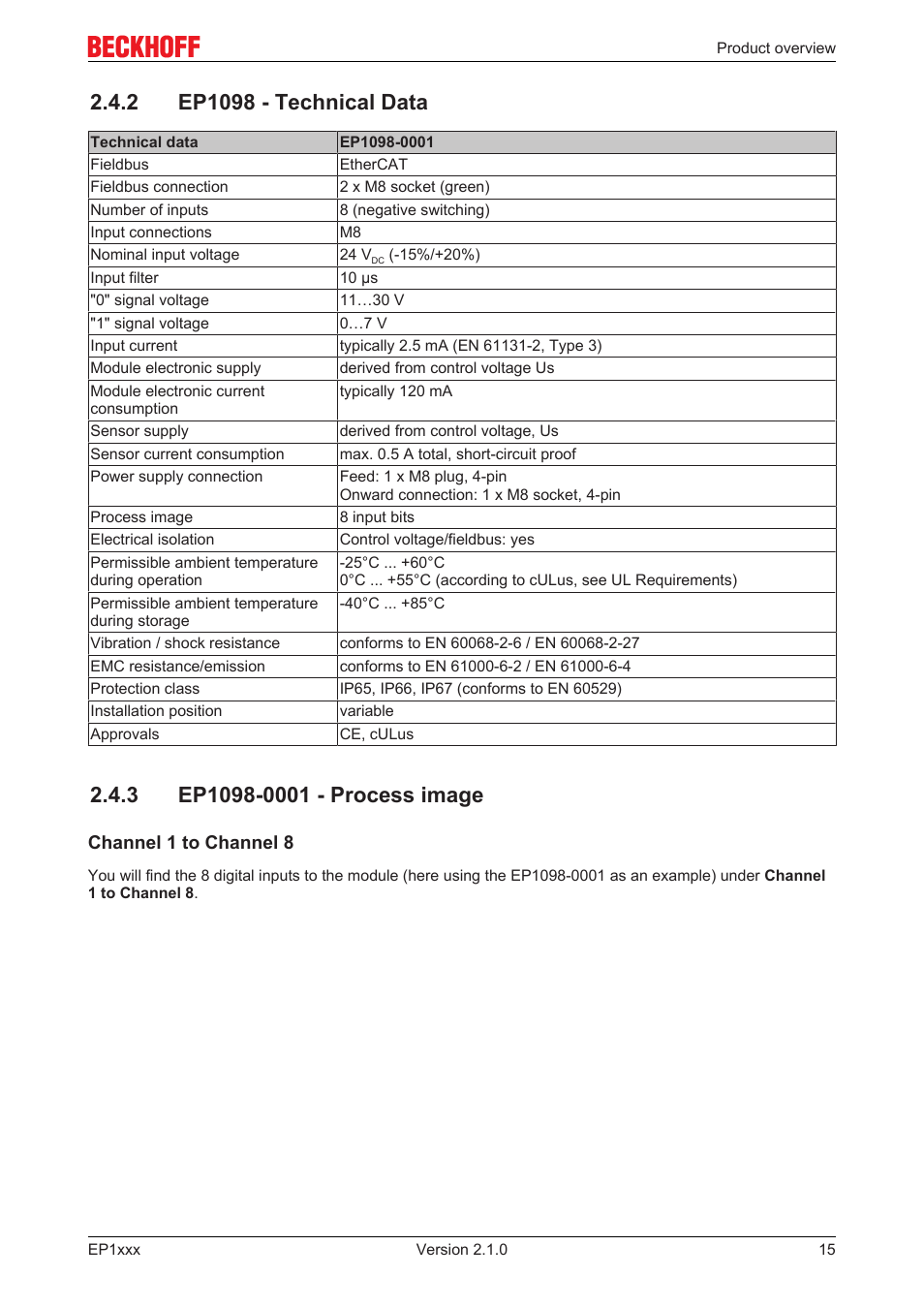 2 ep1098 - technical data, 3 ep1098-0001 - process image | BECKHOFF EP1xxx User Manual | Page 15 / 69